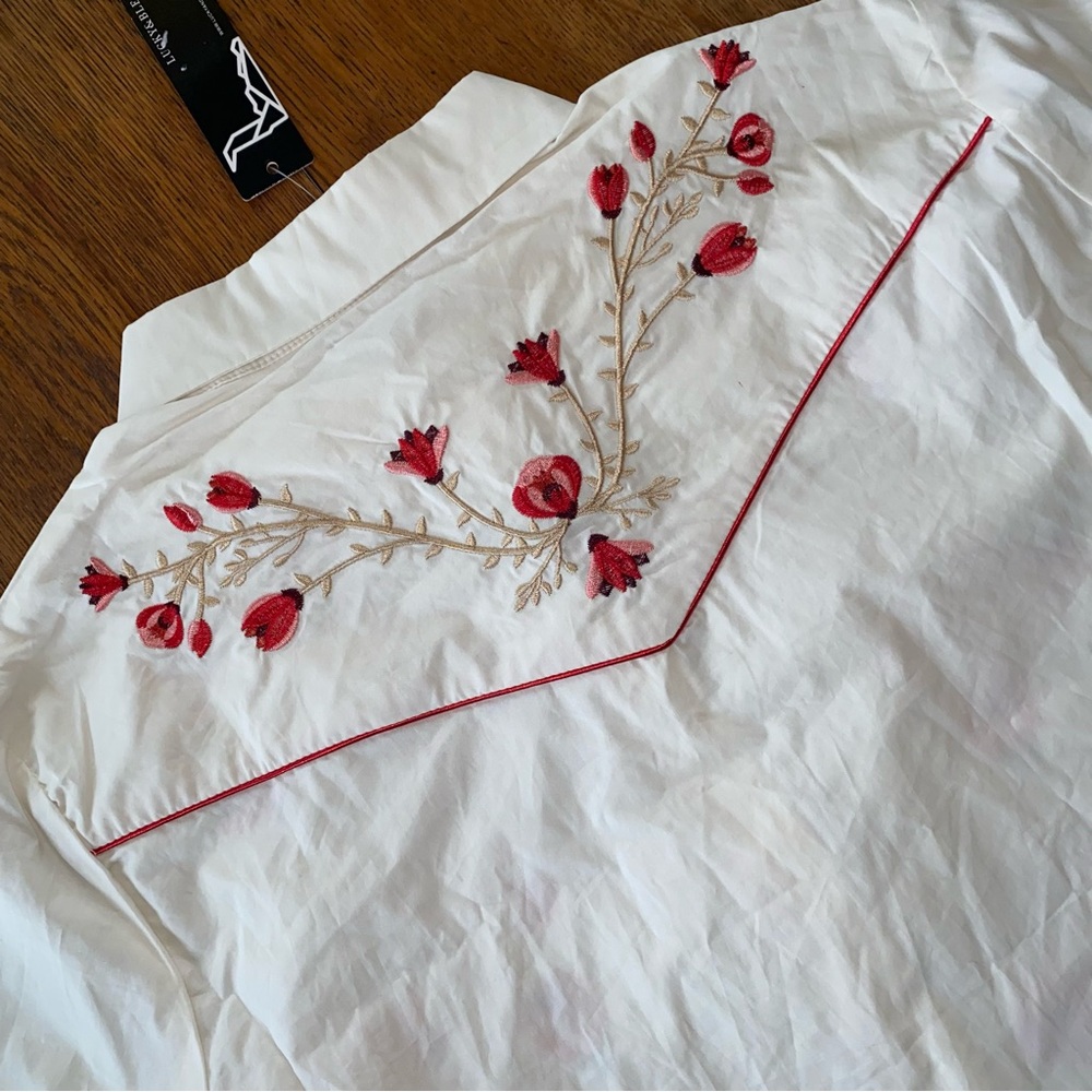Lucky & Blessed 100% Cotton Snap Button Shirt with Red Floral Embroidery - Picture 11 of 11